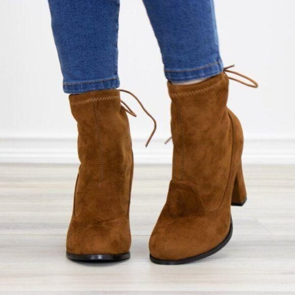 Ankle Heeled Boots High Block Heel Round Toe Tan Faux Suede High Shaft Lace Back - Picture 3 of 7